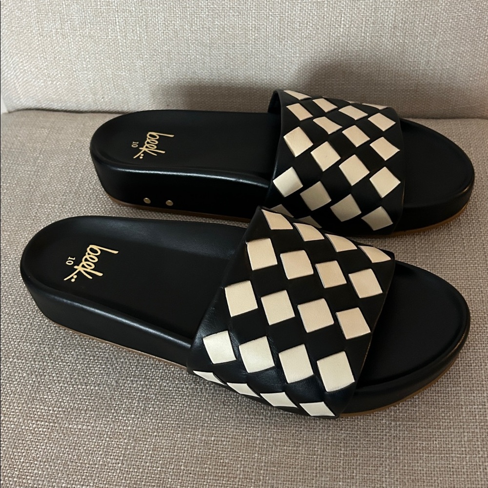 Beek Pelican Woven Slide Sandals Black White Checkerboard Size 10 - Picture 2 of 6